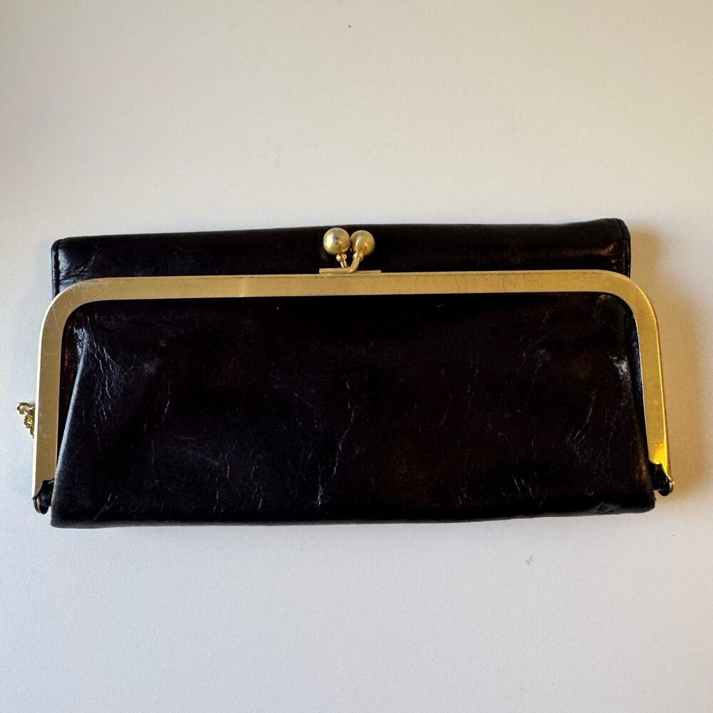 Hobo International Black Leather Double Frame Kiss Lock Clutch Wallet